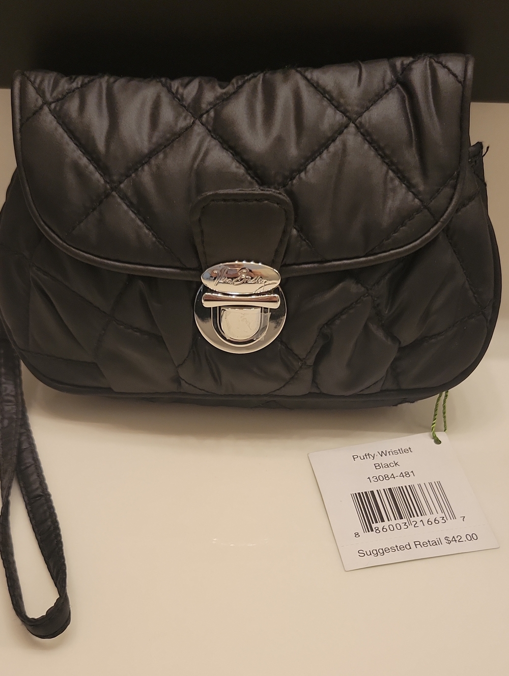 Vera Bradley Black Quilted Puffy Wristlet with Silver Push Lock